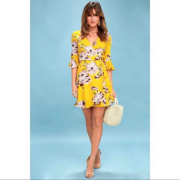 Lulus | Dresses | Lulus Swinging In The Rain Golden Yellow Floral Print  Wrap Dress | Poshmark